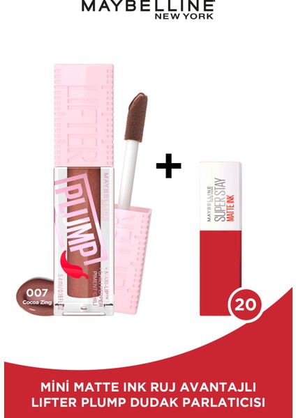 Lifter Plump Dudak Parlatıcısı- 007 Cocoa Zing + Mini Matte Ink Likit Mat Ruj - 20 Pioneer