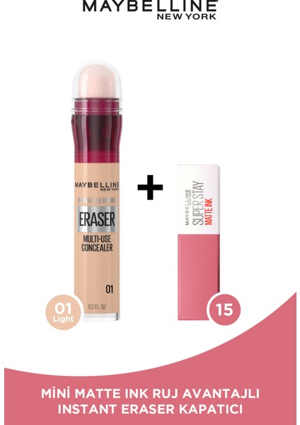 Instant Anti Age Eraser Kapatıcı - 01 Light + Mini Matte Ink Likit Mat Ruj - 15 Lover