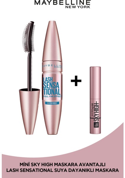 Maybelline New York Lash Sensational Yelpaze Etkili Suya Dayanıklı Siyah Maskara + Sky High Mini Maskara