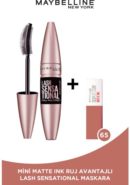 Lash Sensational Yelpaze Etkili Intense Black Maskara - Ekstra Siyah + Mini Matte Ink Likit Mat Ruj - 65 Seductress