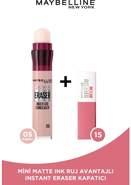 Maybelline New York Instant Anti Age Eraser Kapatıcı- 05 Brighten + Mini Matte Ink Likit Mat Ruj - 15 Lover