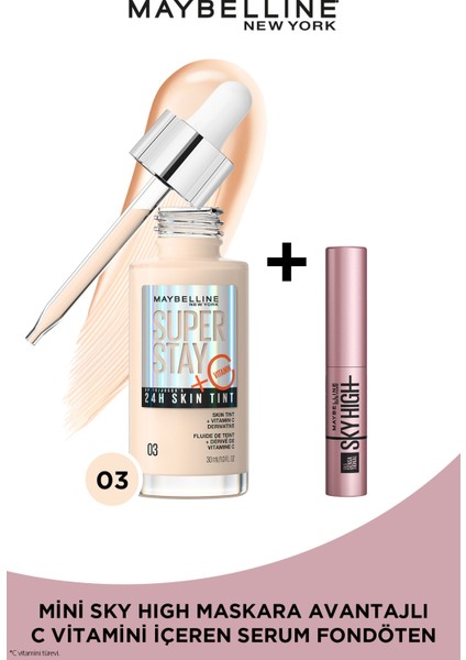 Maybelline New York Super Stay Skin Tint Fondöten - 03 + Sky High Mini Maskara