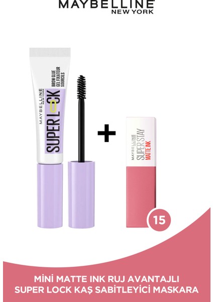 Maybelline New York Super Lock Brow Glue Kaş Sabitleyici Maskara + Mini Matte Ink Likit Mat Ruj - 15 Lover