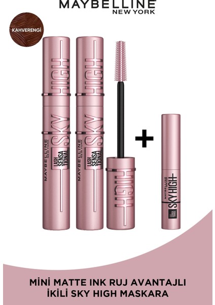 2'Li Maybelline New York Lash Sensational Sky High Kahverengi Maskara Seti + Sky High Mini Maskara