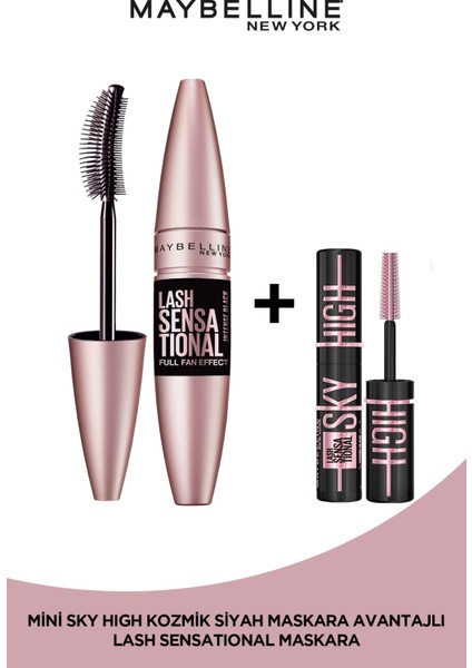 Maybelline New York Lash Sensational Yelpaze Etkili Intense Black Maskara - Ekstra Siyah + Sky High Cosmic Mini Maskara