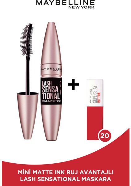 Lash Sensational Yelpaze Etkili Intense Black Maskara - Ekstra Siyah + Mini Matte Ink Likit Mat Ruj - 20 Pioneer