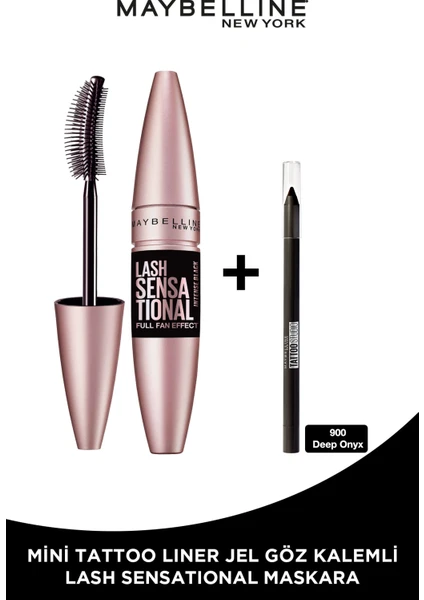 Maybelline New York Lash Sensational Yelpaze Etkili Intense Black Maskara - Ekstra Siyah + Tat Liner Gel Pencil Göz Kalemi Mini