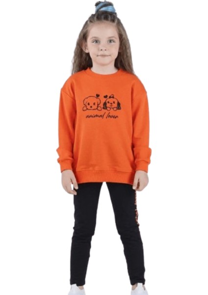 Kız Çocuk Baskılı Sweat-Shirt Tayt İkili Takım Siyah - Turuncu