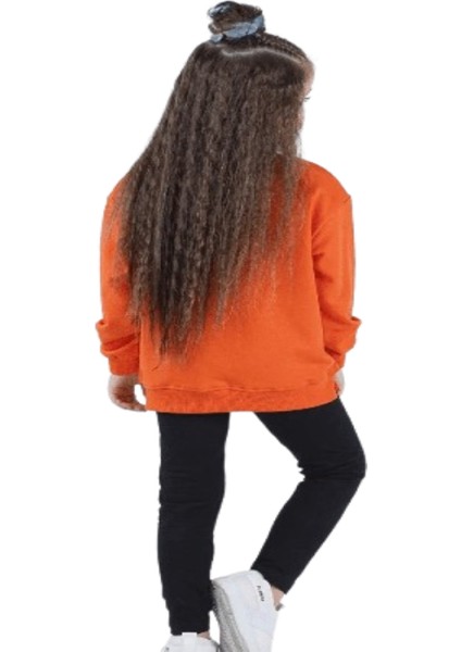 Kız Çocuk Baskılı Sweat-Shirt Tayt İkili Takım Siyah - Turuncu modelleri
