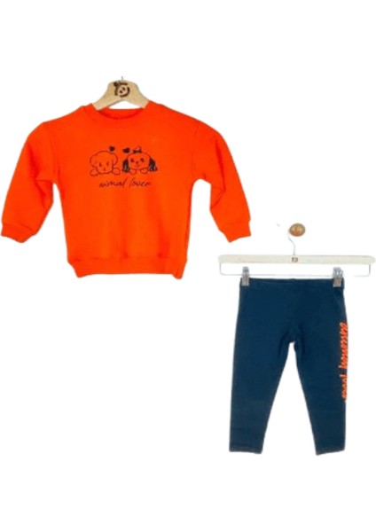 Kız Çocuk Baskılı Sweat-Shirt Tayt İkili Takım Siyah - Turuncu fırsatları