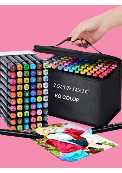 80 Li Çift Taraflı Marker Keçeli Kalem Seti 80 Renk Marker Resim Mimari ve Grafik Tasarım Kalemi