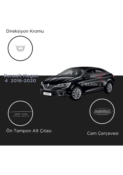 Renault Megane 4 2016-2020 Set Direksiyon Kromu-Ön Tampon Alt Çıtası- Cam Çerçeve