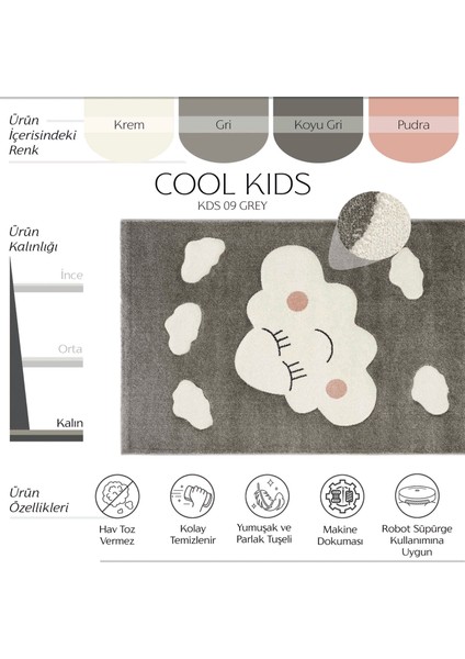 Cool Kids 09 Gri Çocuk Odası Halısı Hav Toz Vermez Yumuşak Dokulu Bebek Odası Halısı