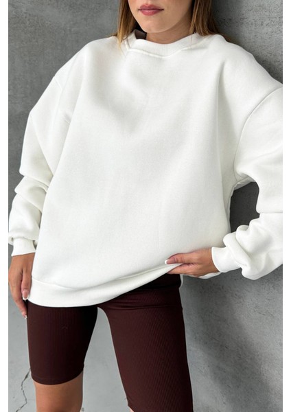 Kadın Ekru Bisiklet Yaka Pamuklu Sweat NBG031