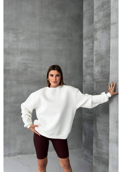 Kadın Ekru Bisiklet Yaka Pamuklu Sweat NBG031 fırsatları