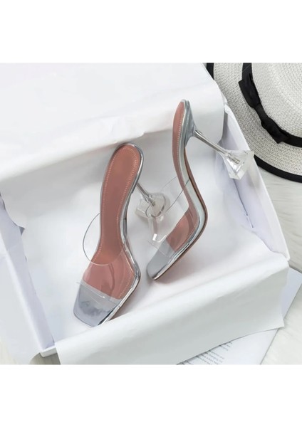 Kadın Gümüş Silver Ten Nude 8cm Topuklu Küt Kare Burunlu Şeffaf Topuklu Stiletto Ayakkabı Terlik