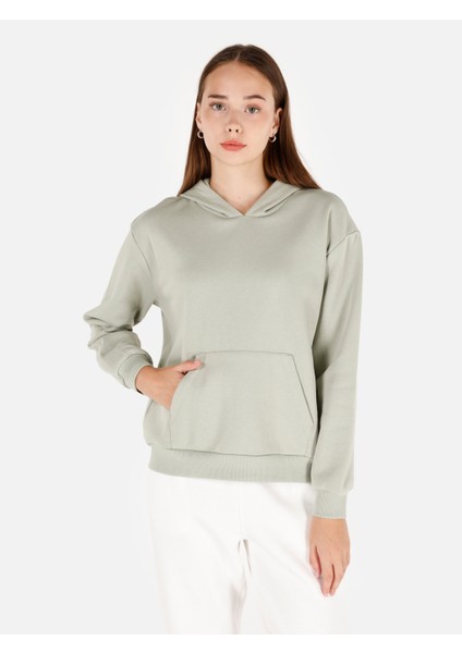 Normal Kesim Kapüşonlu Cepli Yeşil Kadın Sweatshirt CL1070188