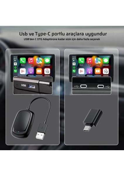 Yeni Tasarım Mini Kablosuz Carplay USB ve Type-C Uyumlu Araç Multimedya Adaptörü