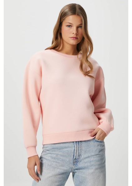 Kadın Cozy Içi Polarlı Soft Pembe Basic Bisiklet Yaka Pamuklu Kalın Örme Sweatshirt