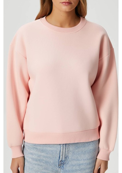 Kadın Cozy Içi Polarlı Soft Pembe Basic Bisiklet Yaka Pamuklu Kalın Örme Sweatshirt