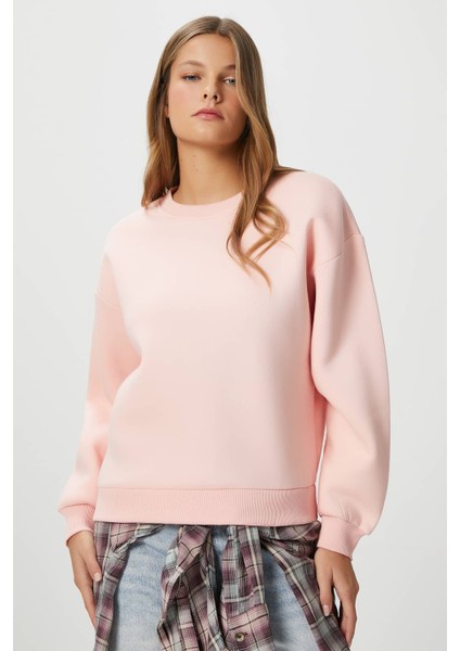 Kadın Cozy Içi Polarlı Soft Pembe Basic Bisiklet Yaka Pamuklu Kalın Örme Sweatshirt