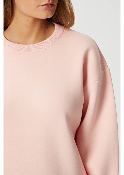 Kadın Cozy Içi Polarlı Soft Pembe Basic Bisiklet Yaka Pamuklu Kalın Örme Sweatshirt