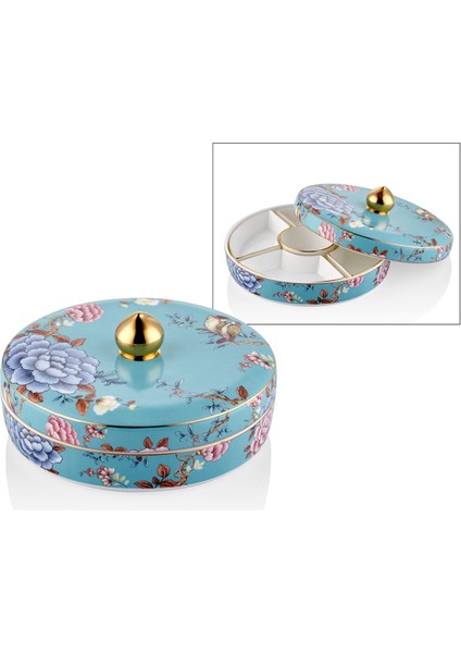 Floral Blue 7 Parça Porselen Kahvaltı Seti, Çerezlik ve Sunumluk 20 cm