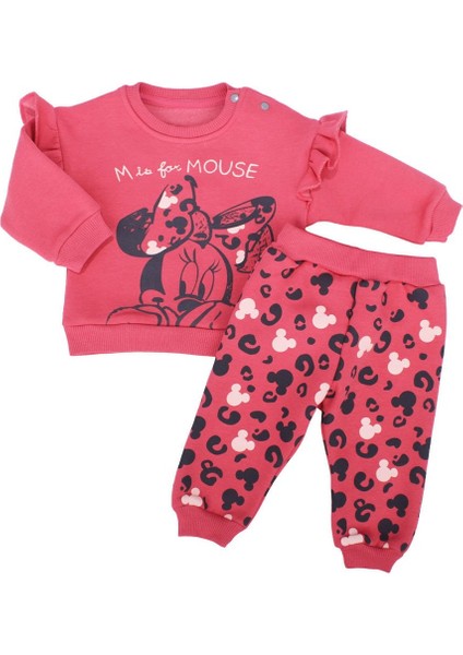 Kız Bebek Koyu Pembe Mikili Leopar Desenli 2'li Polar Takım
