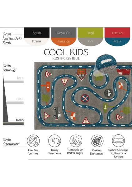 Cool Kids 19 Gri Mavi Çocuk Halısı Hav Vermez Yumuşak Dokulu Araba Yolu Bebek Odası Halısı modelleri