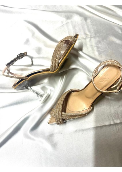 Lady Princess Nude Roze Ten 8cm Şeffaf Çapraz Taşlı 8 cm Şeffaf Topuklu Sivri Burunlu Abiye Ayakkabı