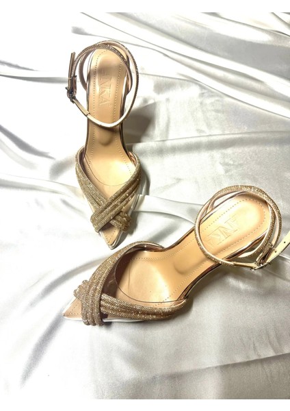 Lady Princess Nude Roze Ten 8cm Şeffaf Çapraz Taşlı 8 cm Şeffaf Topuklu Sivri Burunlu Abiye Ayakkabı