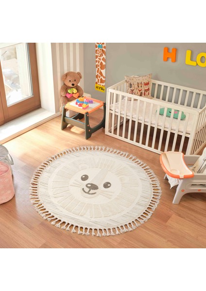 Bercario Kids 9274 Aslanlı Hayvan Figürlü Dokuma Çocuk Odası Halısı Yumuşak Bebek Odası Halısı 130x130