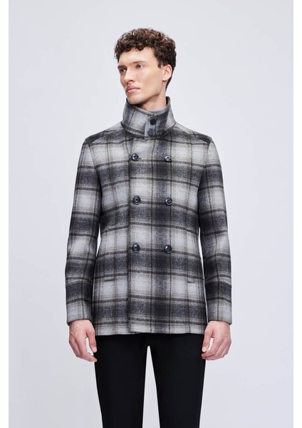 Siyah Slim Fit Hakim Yaka Kruvaze Yünlü Kaşe Kaban fiyatları