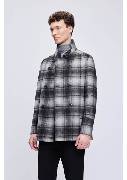 Siyah Slim Fit Hakim Yaka Kruvaze Yünlü Kaşe Kaban modelleri