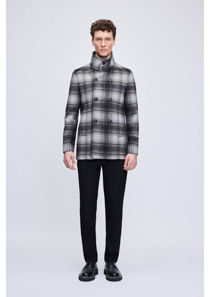 Siyah Slim Fit Hakim Yaka Kruvaze Yünlü Kaşe Kaban fırsatları