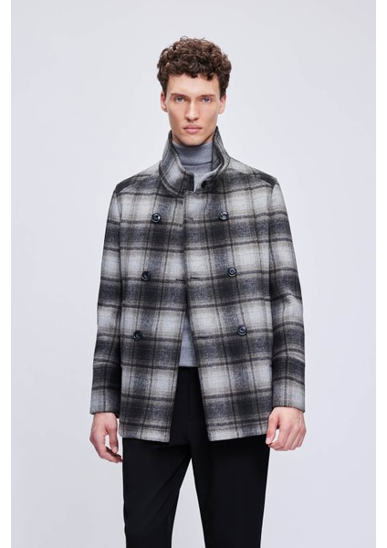 Siyah Slim Fit Hakim Yaka Kruvaze Yünlü Kaşe Kaban