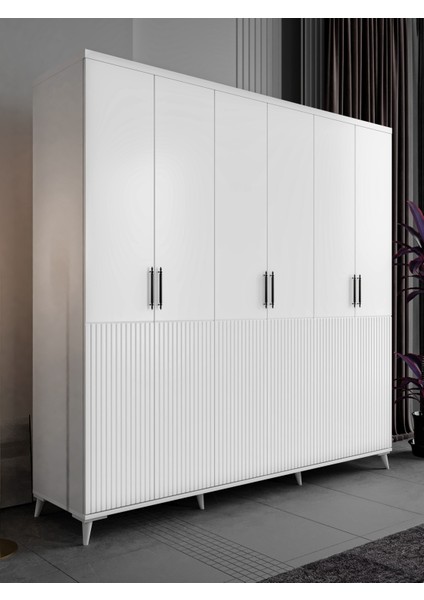 Ücretsiz Montaj - %100 MDF Zarif 6 Kapaklı Beyaz Gardırop - MDF Dolap - Elbise Dolabı