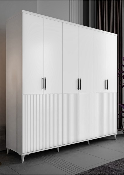 Ücretsiz Montaj - %100 MDF Zarif 6 Kapaklı Beyaz Gardırop - MDF Dolap - Elbise Dolabı modelleri