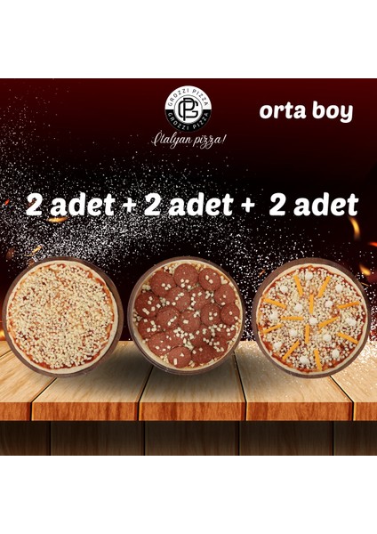 Margarita Pizza 2 Adet 690 gr, Sucuklu Pizza 2 Adet 800 gr, Üç Peynirli Pizza 2 Adet 690 gr