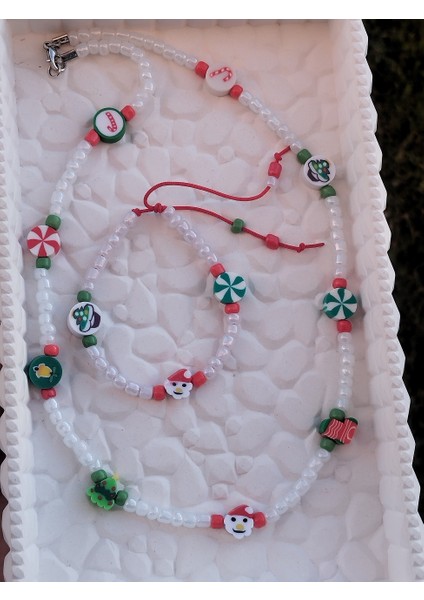 Yılbaşı Figürlü Beyaz Kumboncuk Çocuk Bileklik Kolye modelleri