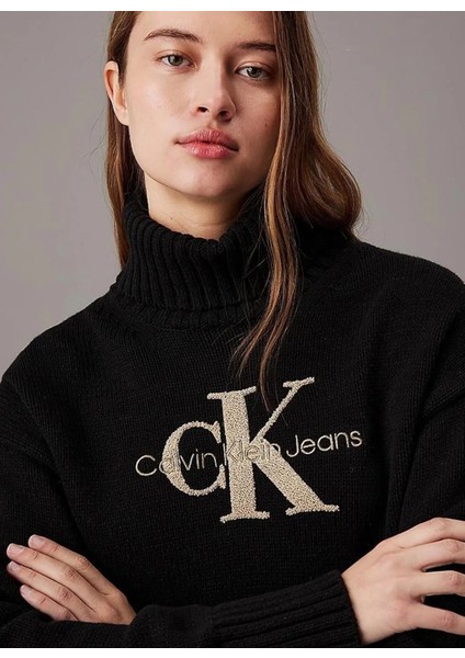Bisiklet Yaka Siyah Erkek Sweatshırt J30J326144BEH Chenılle Monologo Cre modelleri