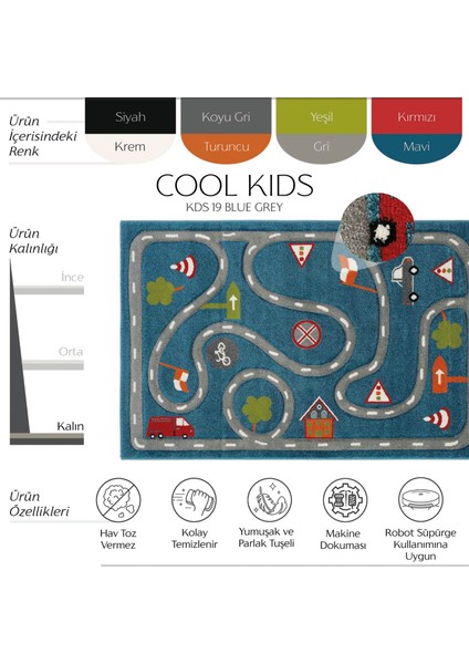 Cool Kids 19 Mavi Gri Çocuk Halısı Hav Vermez Yumuşak Dokulu Araba Yolu Bebek Odası Halısı fiyatları