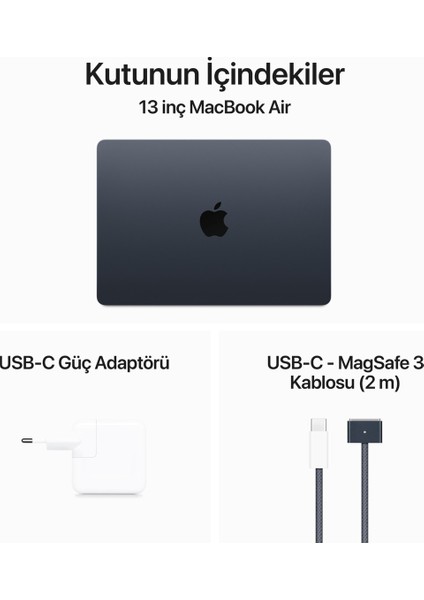 MacBook Air M3 16GB 256GB SSD macOS 13" Taşınabilir Bilgisayar Gece Yarısı MC8K4TU/A