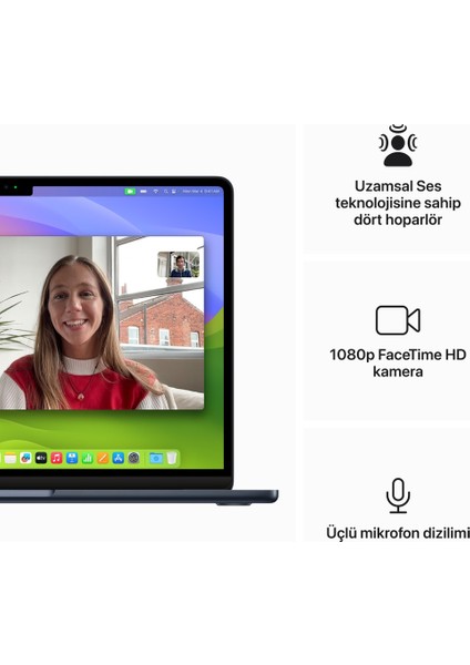 MacBook Air M3 16GB 256GB SSD macOS 13" Taşınabilir Bilgisayar Gece Yarısı MC8K4TU/A