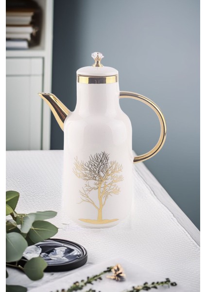 Autumn Gold Detaylı Hayat Ağacı Desenli Kristal Kapaklı Porselen Yağlık Yağdanlık Sirkelik