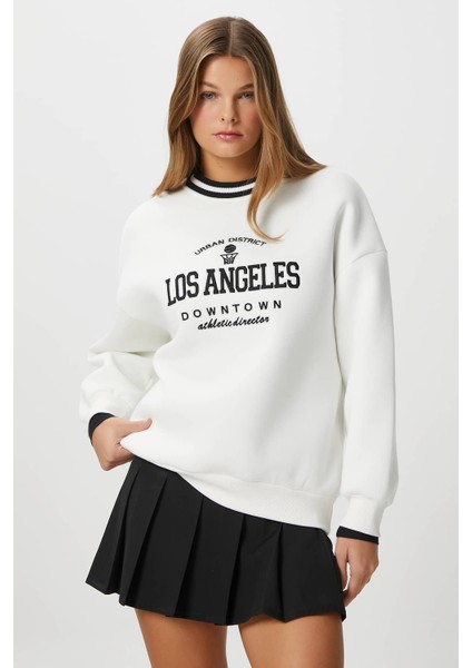 Kadın Nakışlı Los Angeles Içi Polarlı Ekru Oversize Sweatshirt