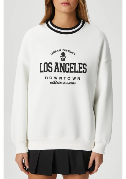 Kadın Nakışlı Los Angeles Içi Polarlı Ekru Oversize Sweatshirt