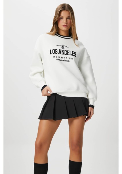 Kadın Nakışlı Los Angeles Içi Polarlı Ekru Oversize Sweatshirt