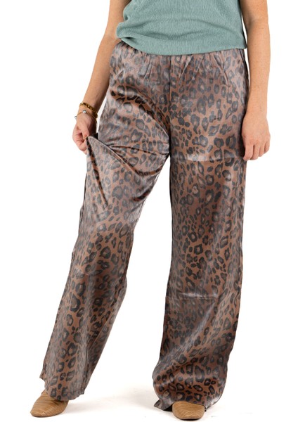 Parlak Kumaş Leopar Desenli Beli Lastikli Kadın Pantolon