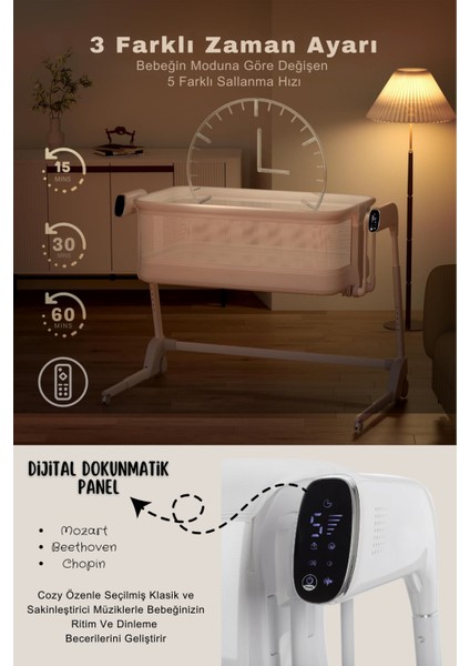 Cozy Premium 3in1 Ağlamaya Duyarlı Anne Yanı Beşik, Park Yatak White Noise ile Kesintisiz Uyku - Latte Renk